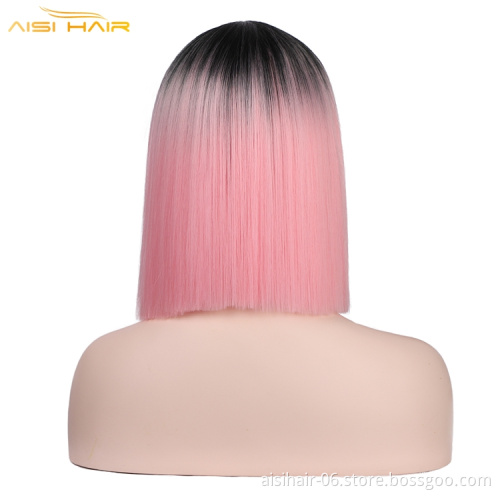 Aisi Wholesale Straight Bob Fiber Hair Wigs For Women Ombre Color Full Machine Made Wig Synthetic Hair Wig
